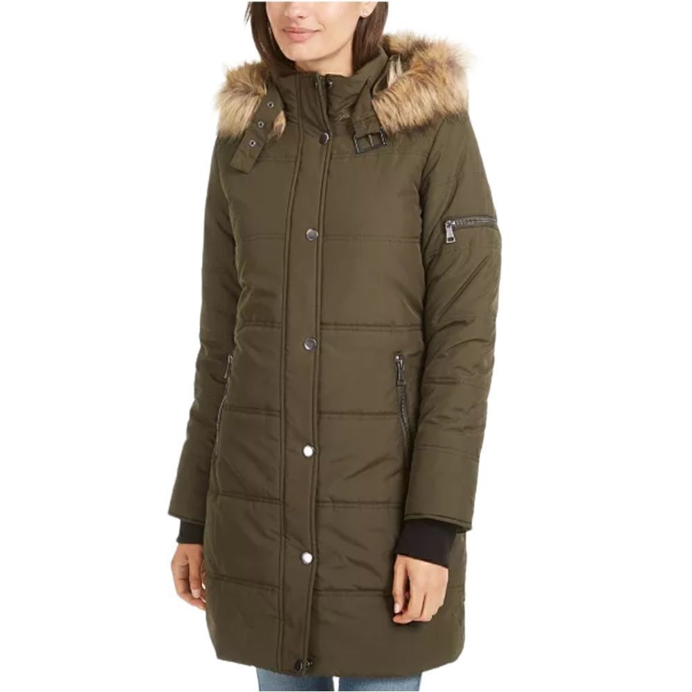 Maralyn & Me Juniors' Faux-Fur Trim Hooded Puffer Coat Olive Green XXL NWT